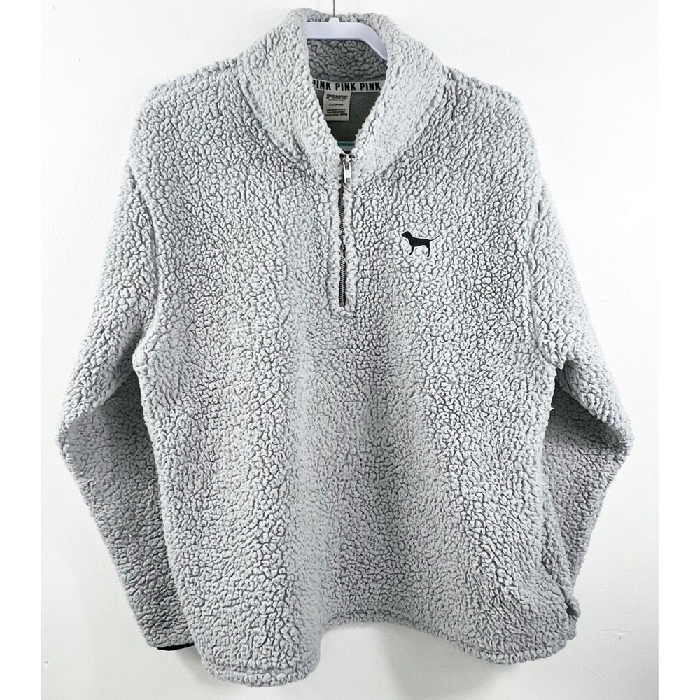 Victorias Secret Pink Womens 1/4 Zip Pullover Sherpa Sweatshirt Gray Mock Neck L